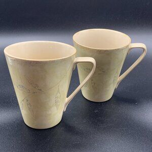 Pier 1 Antiqued Set of 2 Mugs Stoneware Green Leaf